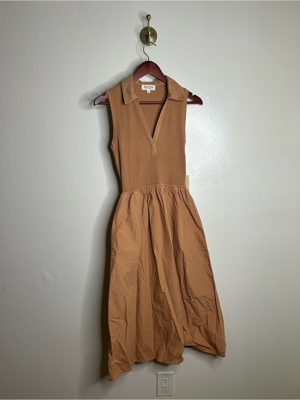 NWT Nation LA Pima Cotton Jessica Smocked V - Neck Collared Midi Dress Small